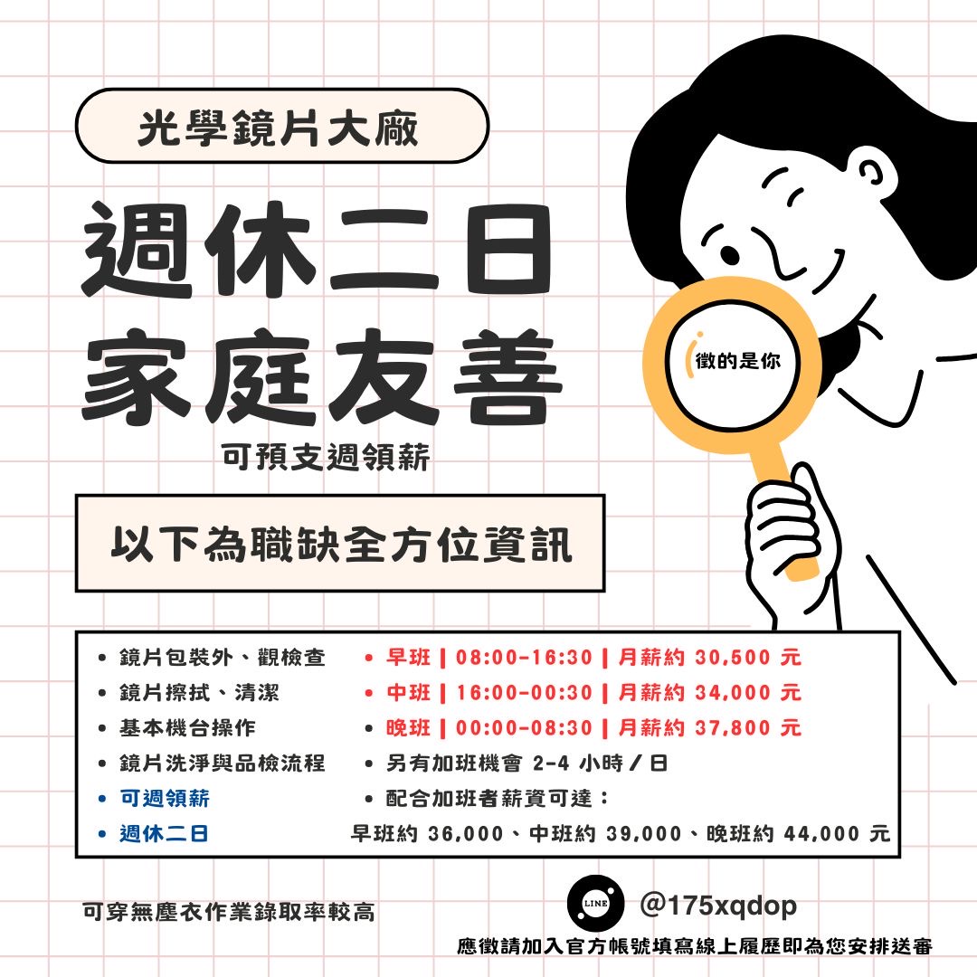 【週休二日】冷氣廠房｜光學鏡片檢查/包裝｜無經驗可｜可週領薪