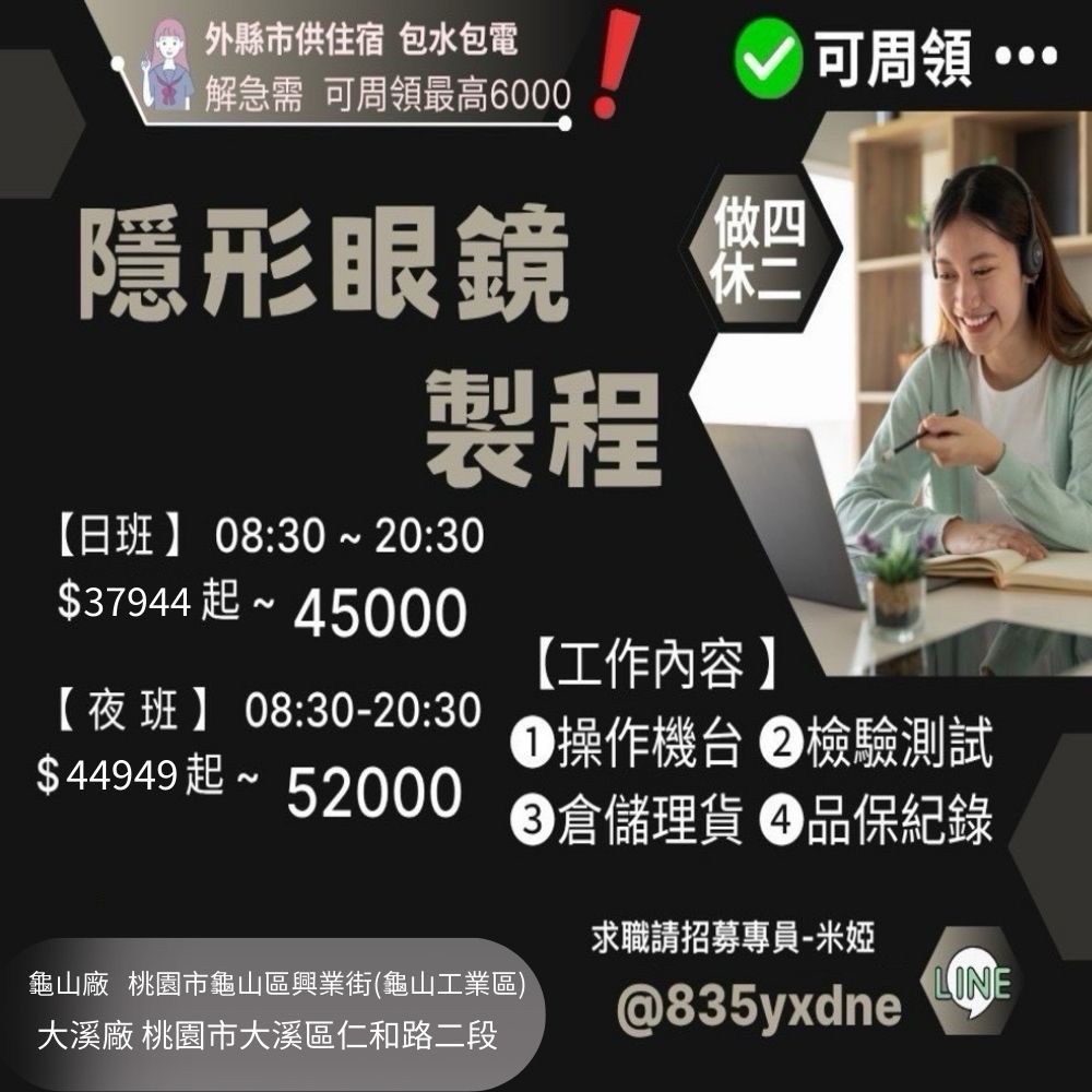 【桃園 隱形眼鏡-作業員】  ☞書審即可快速上班 l 供住宿 供餐 ☞享周領